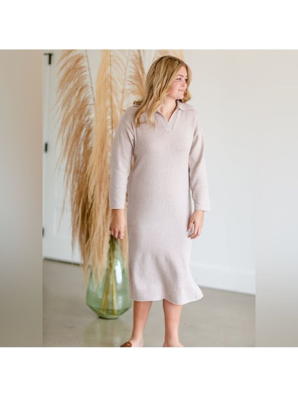 Lush Collared Knit Relaxed Fit Long Sleeve Midi Length Dusty Lilac Sweater Dress